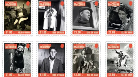 The set of black and white images, which includes a photo of three women in dresses at a wedding, a woman in a cockpit of a 1940s aeroplane, a child in the streets of Poland after World War II and a cowboy riding a horse swinging a lasso.