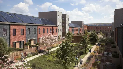 Town Artist's impression of the Sunniside development showing the proposed homes and people walking in the shared gardens