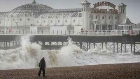 Tristan Fewings/Getty Images Brighton beach during Storm Eunice