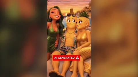 A screenshot from the viral AI TikTok series 'Fruit Love Island' with a red 'AI generated' label added on top.