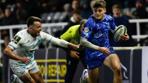 Max Pepper of Newcastle Falcons makes a break down the left wing to set up a try during a European Rugby Challenge Cup match between Newcastle Falcons and Montpellier 