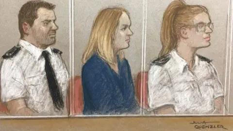 Julia Quenzler Court drawing of Lucy Letby with officers