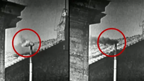 A black and white split image of a chimney with white smoke and the other side with black smoke