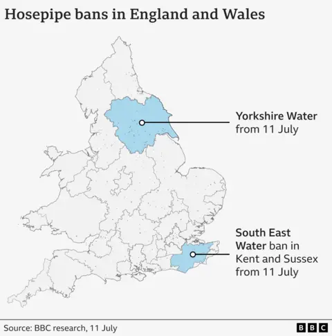 A map showing where hosepipe bans are in place in England and Wales. Two areas are highlighted in blue. An area in south-east England is highlighted in blue with a label that says South East Water introduced a hosepipe ban in Kent and Sussex from 11 July. Yorkshire and Humberside are highlighted in blue, with a label that says a hosepipe ban was introduced by Yorkshire Water from 11 July.