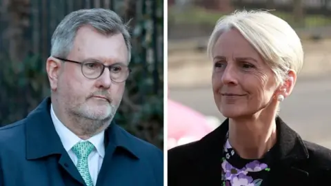 Composite image. On the left is Si Jeffrey Donaldson, a man with grey hair, glasses, a white shirt, green tie and blue coat. He is carrying a black notepad. On the right is his wife, lady eleanor, she has short blonde hair, is wearing a black jacket and floral top