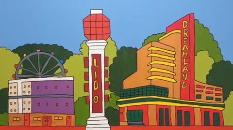 Alex Mortimer A colourful painting by Alex Mortimer shows landmarks in Margate including Dreamland, a ferris wheel and the lido sign.