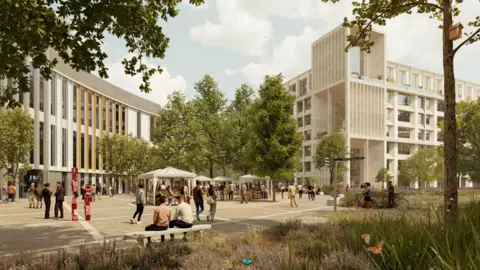 Kin Creatives An artist's impression of part of the future science park. There is a border of wildflowers and trees in the foreground, alongside a paved square with gazebos erected for pop up stalls and people milling around and sitting on benches. in the background, two large buildings featuring large glass windows, stand three storey high. 