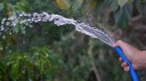 The image shows a hand holding a hosepipe and blocking water as some of it pours out.