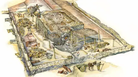 Mark Gridley/Oxford Archaeology An artist's impression of Roman tile factory, surrounded by stone walls, with piles of tiles and workers 