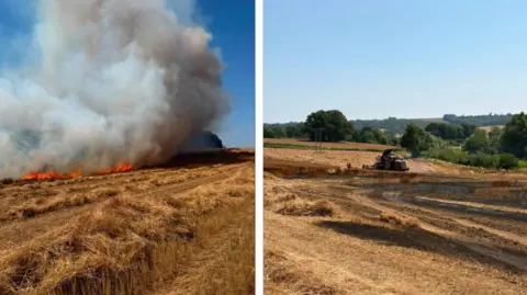 Devon and Somerset Fire and Rescue There are two images. On the left there is a field on fire with a plume of grey smoke. On the right, there is a field which is charcoal black and a destroyed combine harvester in the background.