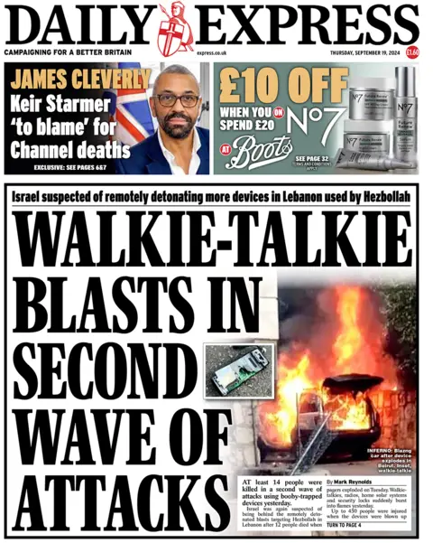 "Walkie-talkie blasts successful  2nd  question    of attacks" reads the Daily Express 