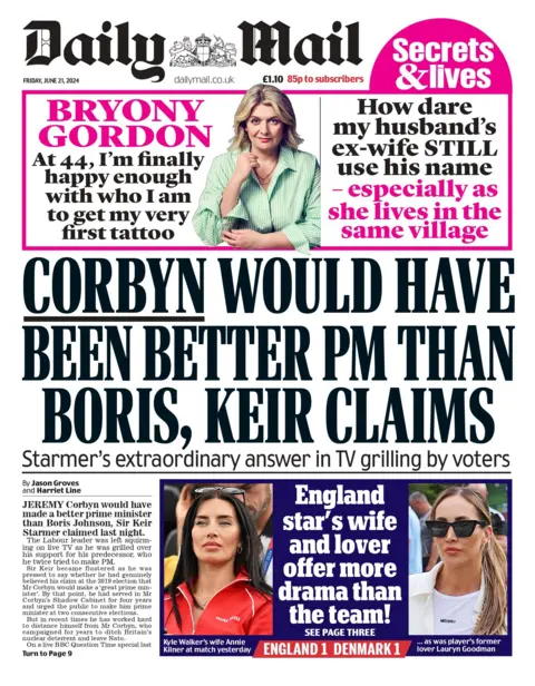 The headline on the front page of the Daily Mail reads: “Corbyn would have been better PM than Boris, Keir claims"