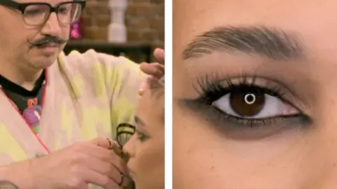 Splitscreen image of someone curling someone's lashes, and a close-up of an eye with smoky makeup