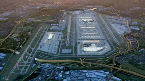 Heathrow Airport A visualisation viewing the airport from above, showing the new runway stretching over a section of the M25 which is lowered to accommodate the change.