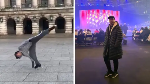 Jak Brown and supplied A composite image of Hanyu Wong. The still on the left side side shows Hanyu skating in Nottingham's Old Market Square. He is wearing a grey long sleeve top and grey trousers. He is balancing on one leg on the grey slabs of the square. In the image on the right, Hanyu is wearing a long black coat, a black baseball cap and black trousers. Behind him are people sat down looking at a stage, where stars are projected on to a curtain illuminated in red and blue. 