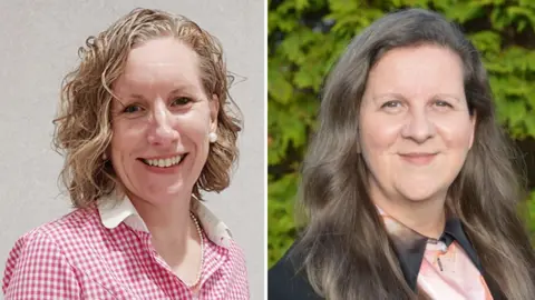 Headshots of two women. The first woman on the left as you look at the image is wearing a pink checked shirt with a white collar - she has shoulder length, blonde wavy hair. The woman on the right has long dark hair. She is wearing a pink blouse and a dark suit jacket.