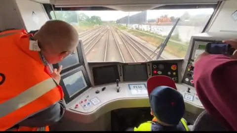 Thameslink Alfie and Barry in the train cab looking at railway