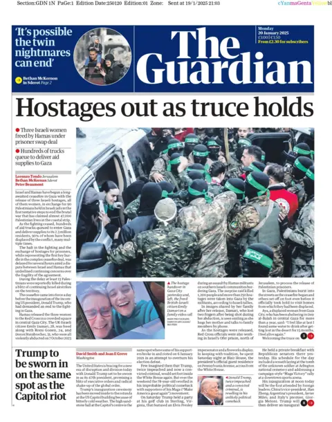 The Guardian front page reads: "Hostages out as truce holds". 