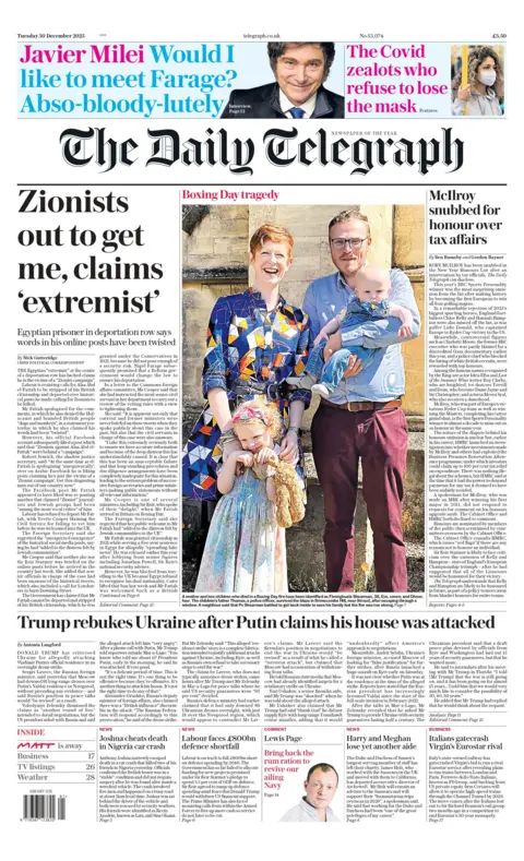 "Zionists out to get me, claims 'extremist'" reads the headline on the front page of the Daily Telegraph.