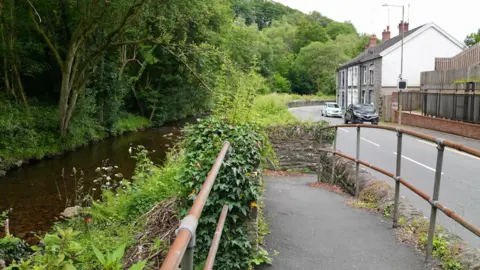 A tributary runs on the left of the image, it has a hedge on the right of it and bushes and trees to the left. There is a railing were there is a footpath and then a road with houses on the right.