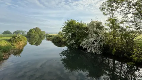 Weather Watcher/Lybby A river with fields and bushes on the banks reflected in the water and a blue sky with wisps of cloud, also reflected.