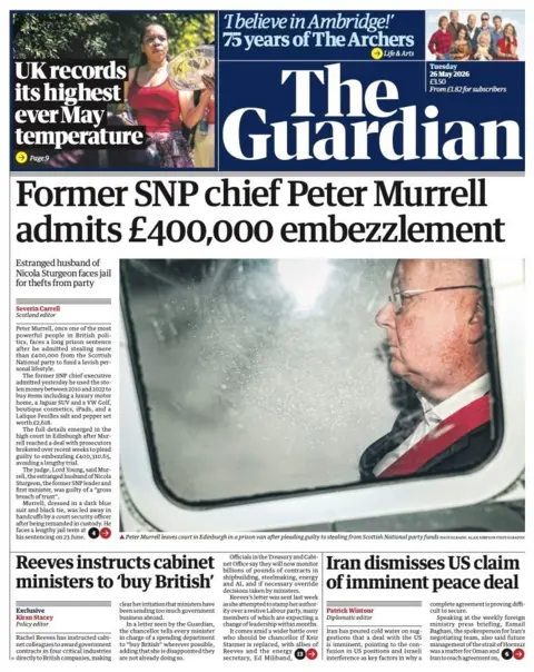 "Former SNP chief Peter Murrell admits £400,000 embezzlement" reads the headline on the front page of the Guardian.