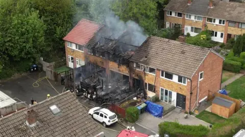 Aerial image of house fire on a residential crescent in Bradford 
