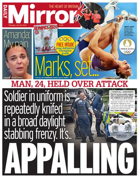 Daily Mirror headline reads: Soldier in uniform is repeatedly knifed in a broad daylight stabbing frenzy. It's... appalling