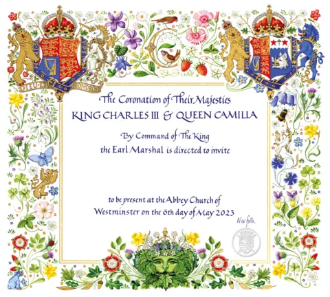 Buckingham Palace The ornate invitation reads: "The Coronation of Their Majesties King Charles III and Queen Camilla by command of The King The Earl Marshal is directed to invite (gap) to be present at the Abbey Church of Westminster on the 6th day of May 2023"