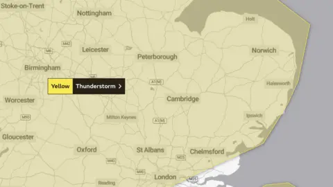 MET OFFICE Map of England with yellow weather warning covering East of England