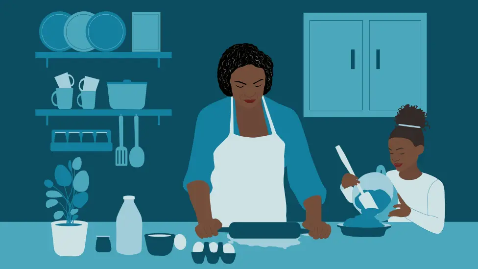 Illustration of Merlande baking with her grand-daughter