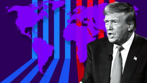 Imagen de BBC Design de Trump y un mapa coloreado del mundo.