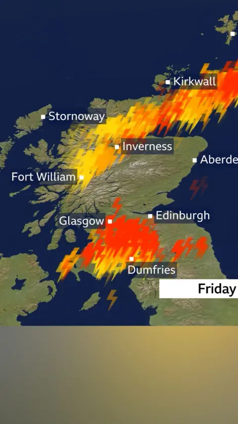 Weather map of lightning strikes over Scotland