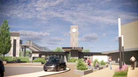 Bedford Borough Council An artist's impression of what the new Wixams train station will look like - including a clock tower