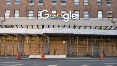 Getty Images Google's offices in New York City, boarded up to prevent looting in June