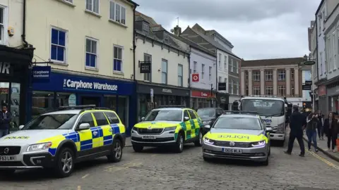 Emergency services vehicles in Truro city centre