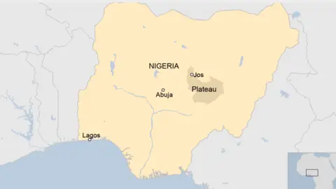 Map of Nigeria showing Plateau state and cities of Jos, Abuja and Lagos