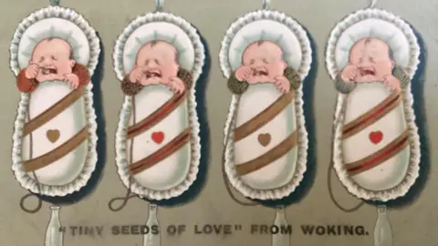 A postcard depicting four babies, each one in its own cot, with "tiny seeds of love" written across the bottom of the card