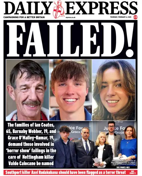 Halaman depan Daily Express dengan headline gagal! dan foto-foto Ian Coates, Barnaby Webber dan Grace O'Malley-Kumar.