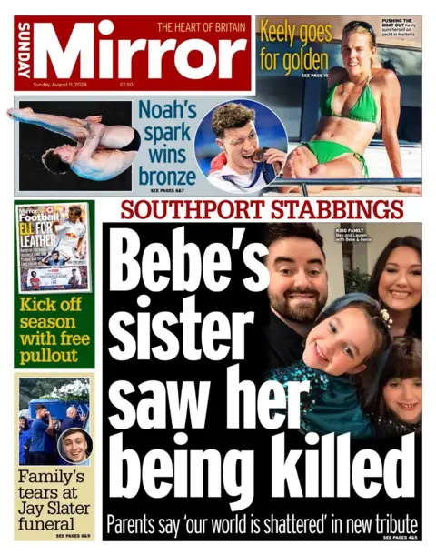 The headline in the Sunday Mirror reads: Bebe's sister saw her being killed