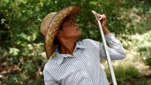 Reuters A migrant holds up a snake at the banks of a river in Oaxaca.
