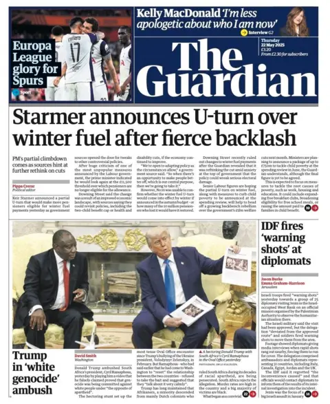 The headline on the front page of the Guardian reads: "Starmer announces U-turn over winter fuel after fierce backlash".