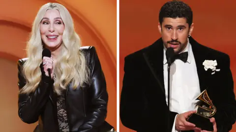 Splitscreen. Left, Bad Bunny. Right, Olivia Dean.