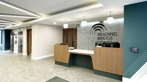 The plasma donor centre at the temporary venue in Bridge House - image of reception area.