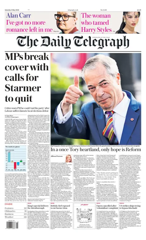 "MPs break cover with calls for Starmer to quit," reads the headline on the front page of the Daily Telegraph.