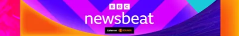 A footer logo for BBC Newsbeat. It has the BBC logo and the word Newsbeat in white over a colorful background of violet, purple and orange shapes. At the bottom a black square reading "Listen on Sounds" is visible.