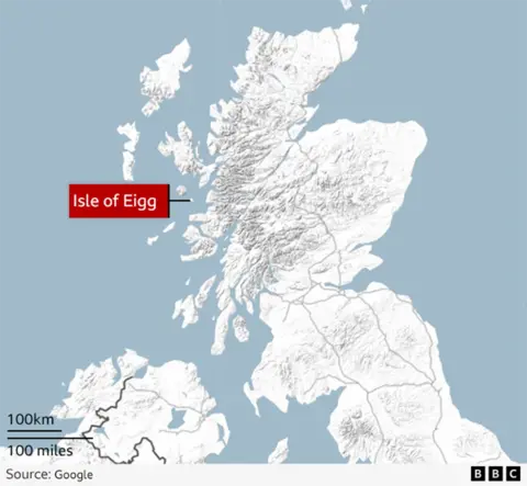 A map of Scotland, Northern Ireland and northern England. The location of Eigg is shown on Scotland's west coast.