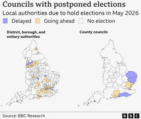 Two maps of England showing where elections are going to be delayed