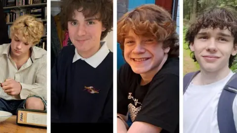 FAMILY HANDOUTS Composite of four individual shots, from left to right: Jevon Hirst, 16, sat behind a coffee table, wearing a cream stripped shirt and looking down. Harvey Owen, 17, in a dark crew neck jumper with white polo shirt collar. Wilf Fitchett in a black t-shirt with a pattern on the front, smiling into the camera. Hugo Morris, 18, in a white t-shirt with the blue straps of a backpack showing