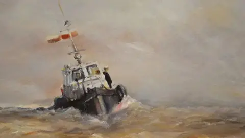 Stewart Taylor A vessel leans on its side towards the left of the picture. The seas are rough and the water is a brown colour. A Man in a black uniform and white cap leans against the cabin.